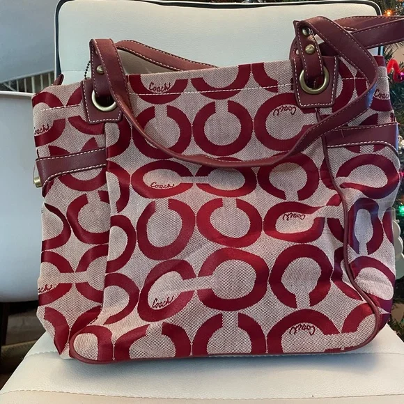 Coach Signature Canvas Tote Shoulder Bag – Burgundy/Red – Leather Trim - NWT - Picture 3 of 10
